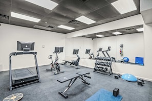 A gym with treadmills, weight machines, free weights, and exercise balls. - Abode at Black Bear #330, hot tub, pool table, steps to Deer Valley (Park City)