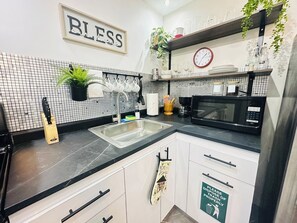 Fridge, microwave, coffee/tea maker