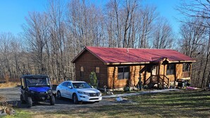 A cabin with a red roof, a driveway, and a lawn.
