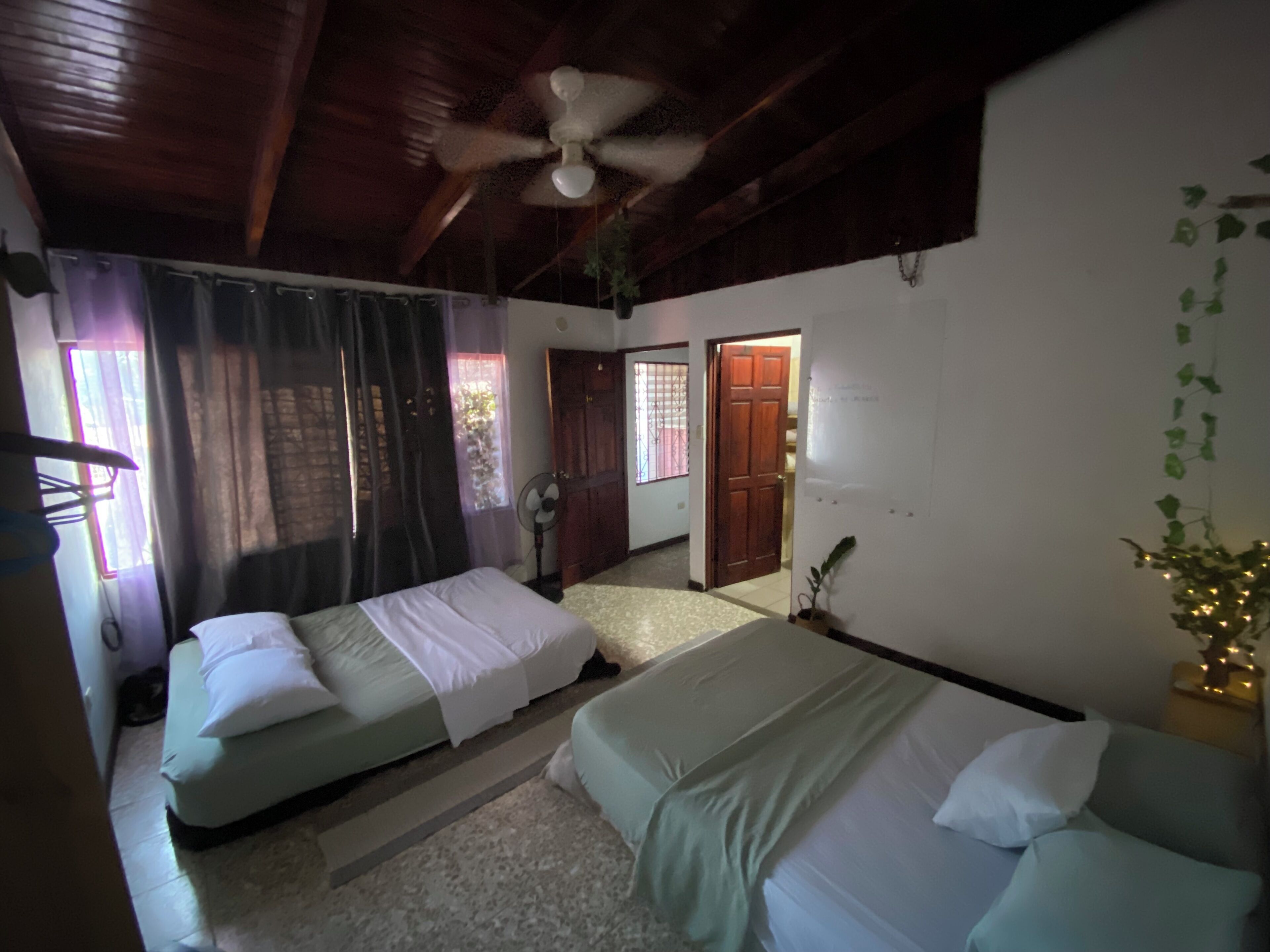 Een kamer met twee bedden, een plafondventilator, een raam met gordijnen en een deur naar een andere kamer.
