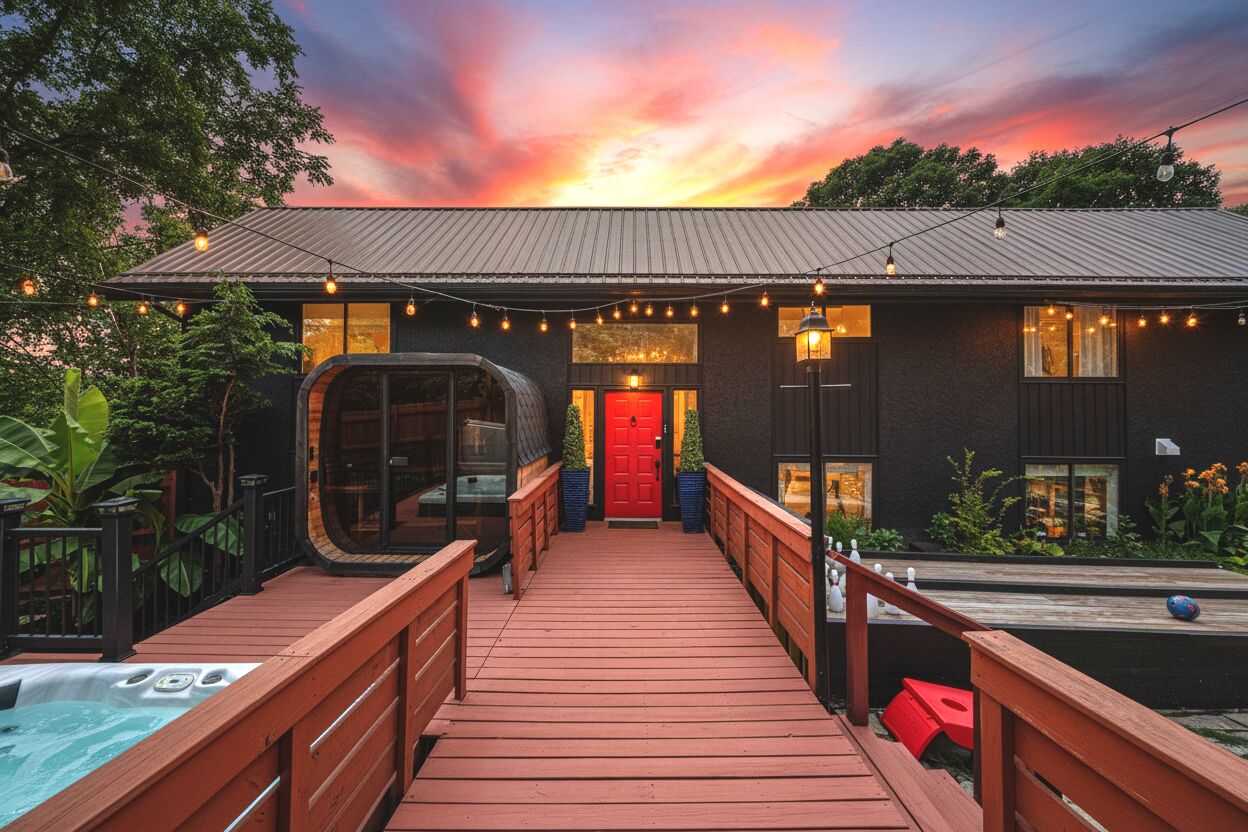 A modern house with a wooden deck leading to a red door, surrounded by greenery.