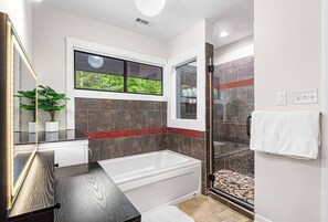 Shower, jetted bath, towels