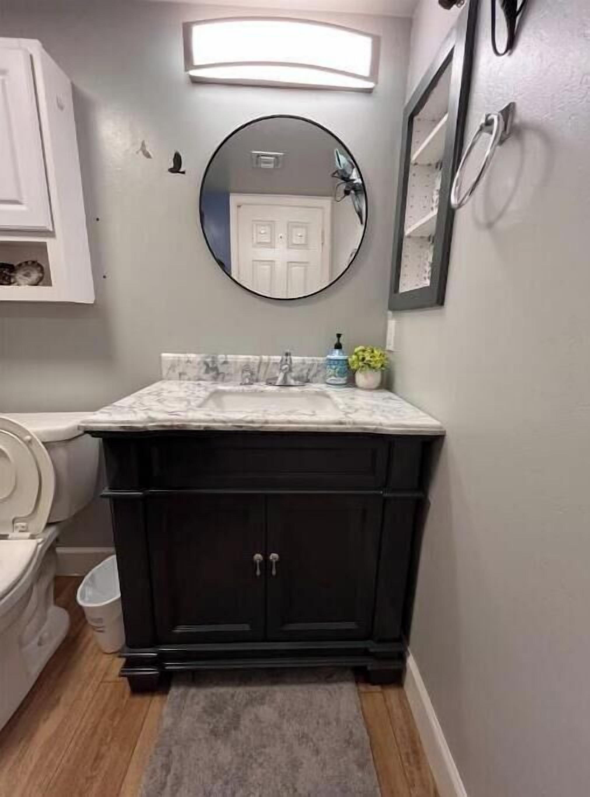 Hair dryer, towels, soap, toilet paper