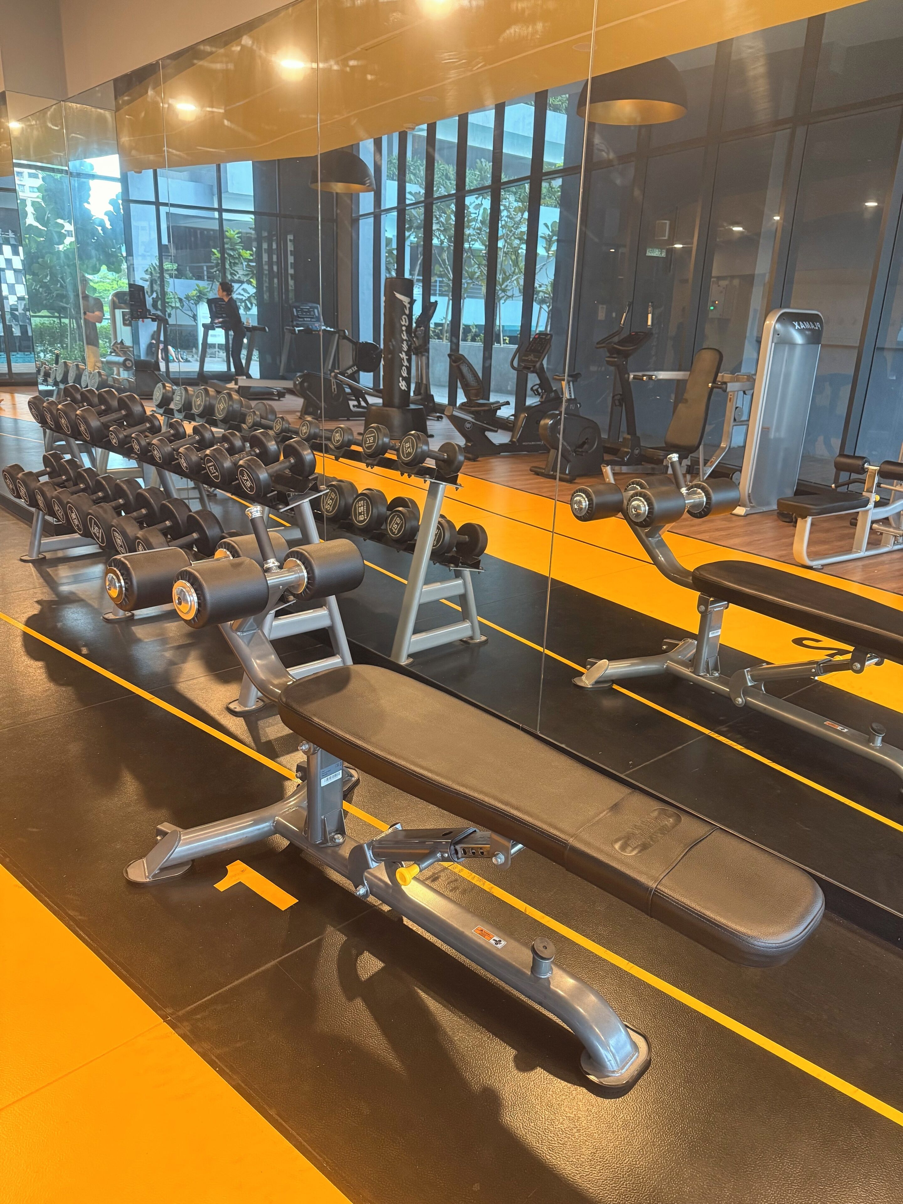 A gym with various exercise equipment, including dumbbells, benches, and weight machines.