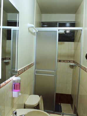 Shower, towels, toilet paper