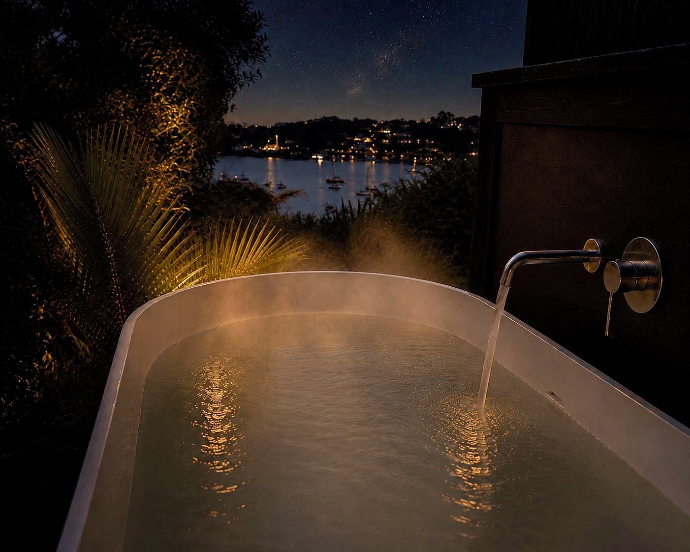 Un jacuzzi con vista a un cuerpo de agua y un cielo nocturno.
