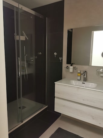 Shower, hair dryer, towels, soap. Lavender House Small apartment made from an old village house
