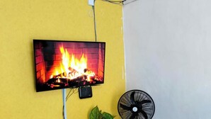Una stanza con una TV a parete che mostra un camino, una ventola da terra, una pianta in vaso e un tappeto decorato.