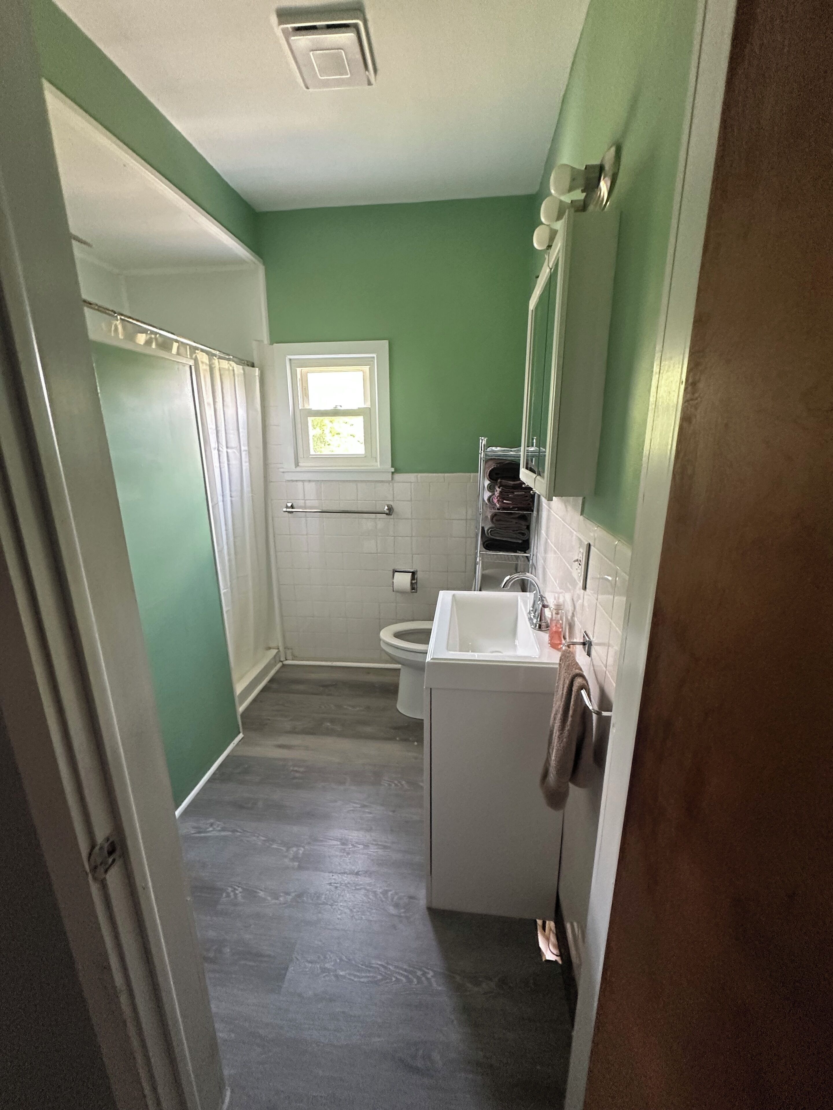 Shower, towels, toilet paper