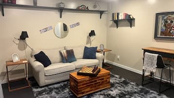TV connectée, cheminée, livres, chaîne hi-fi