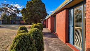A building with a red brick exterior, a large tree in front, and a clear blue sky.