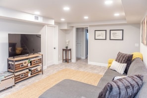 Smart TV, chimenea, libros