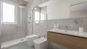Une salle de bain moderne dotée d’une douche à parois de verre, d’un bidet, d’un lavabo avec un meuble-vasque en bois et d’un grand miroir.