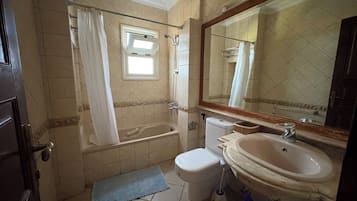 Shower, bidet, towels, soap