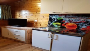 A compact kitchen with wooden walls, a white countertop, and a built-in stove. - Apartment near Romerbad Thermal Spa (Bad Kleinkirchheim)