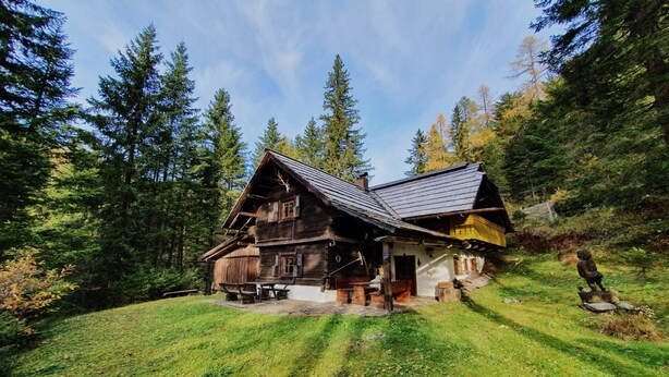A rustic cabin with a sloped roof, surrounded by dense forest.