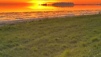 Un coucher de soleil sur un champ verdoyant, avec une île qui se dessine à l’horizon.