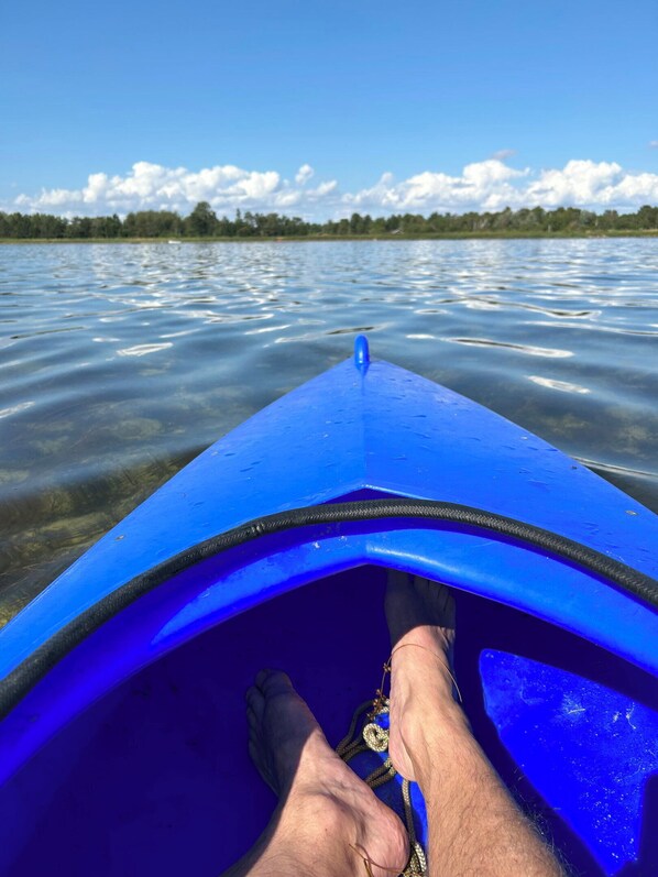 Una canoa en el agua, cielo despejado y árboles al fondo.