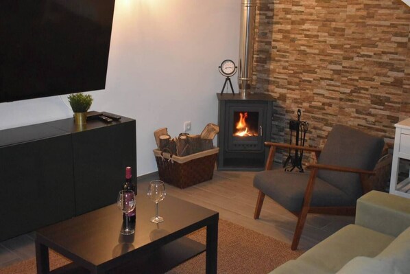 Una sala de estar moderna con chimenea, televisión y una zona de estar acogedora.