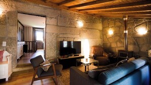 A cozy living room with stone walls, a fireplace, a television, and comfortable seating.