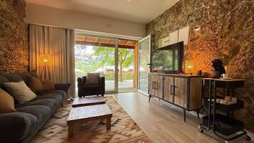 Een televisie en een open haard