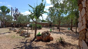 An outdoor area with trees, a stone wall, and a rustic building in the background.