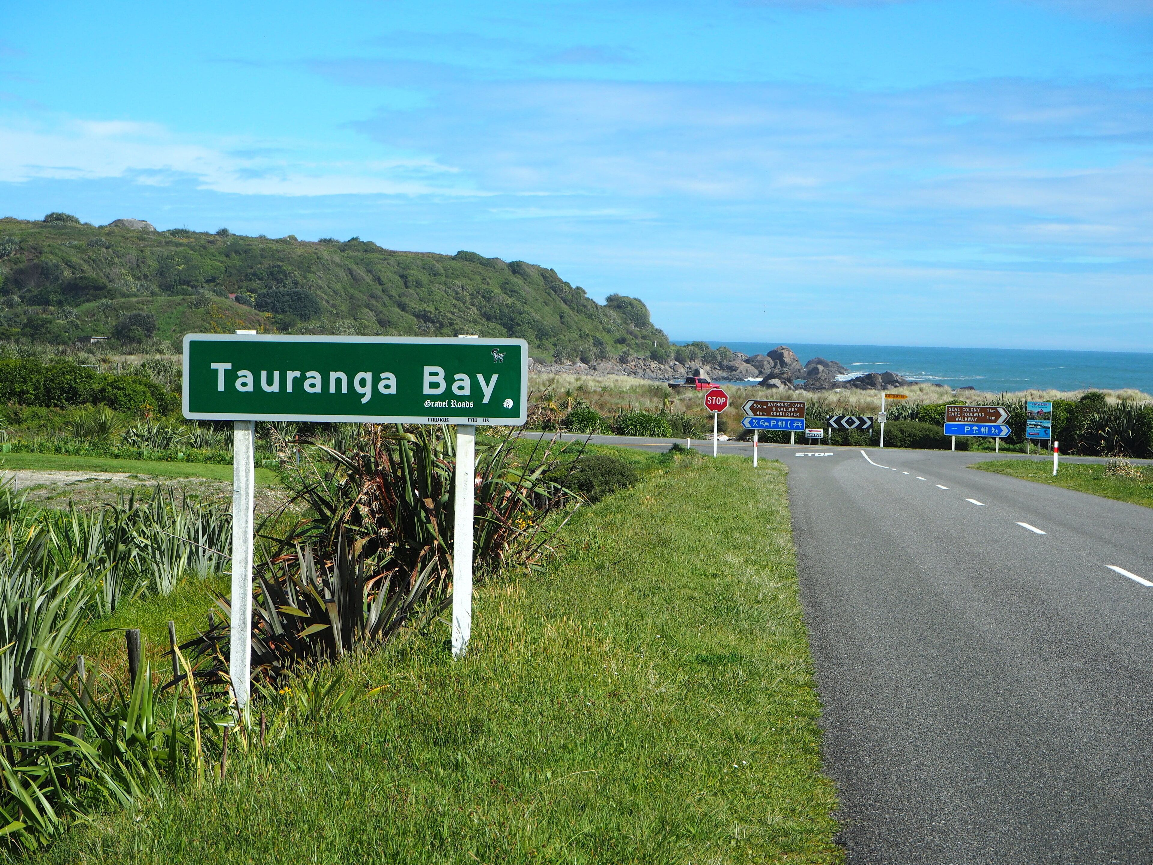 Segnaletica stradale per Tauranga Bay, con segnale di stop e indicazioni per Bayhouse Cafe, Seal Colony e parcheggio.