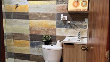 Regadera, secadora de cabello, toallas, jabón