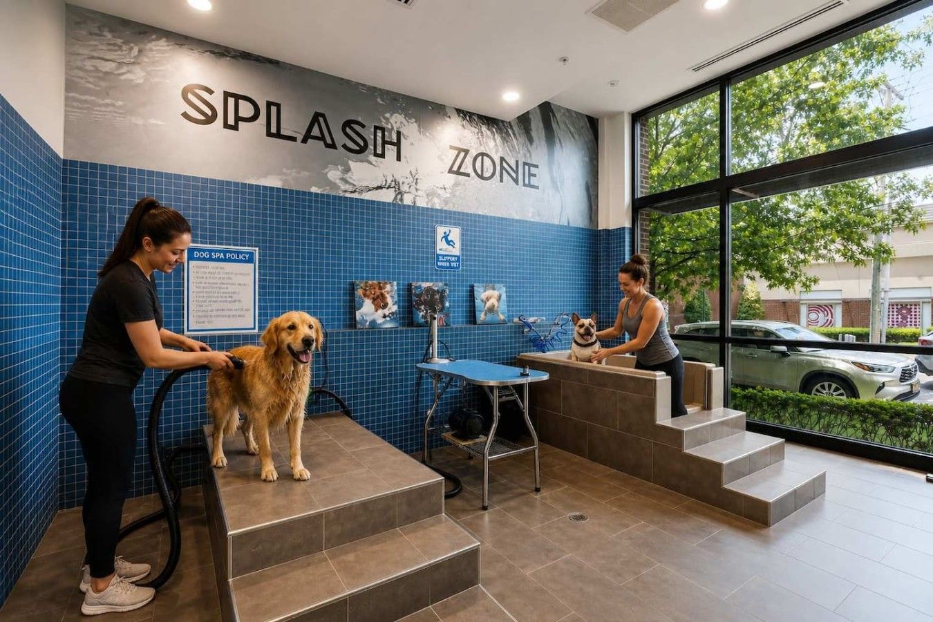 Ett hundspa med en blå kakelbeklädd vägg, en skylt med texten ”LEKOMRÅDE” och en hund som blir ompysslad.