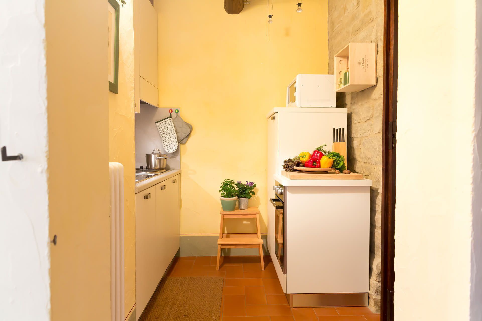 A compact kitchen with a refrigerator, stove, and small countertop. There is a step stool and a potted plant.
