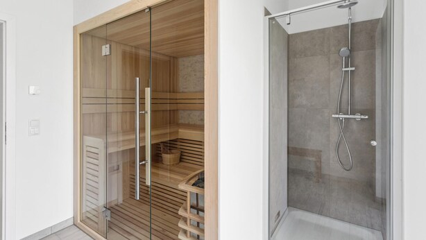 A modern bathroom with a glass-enclosed sauna, a separate shower area, and a wooden floor.