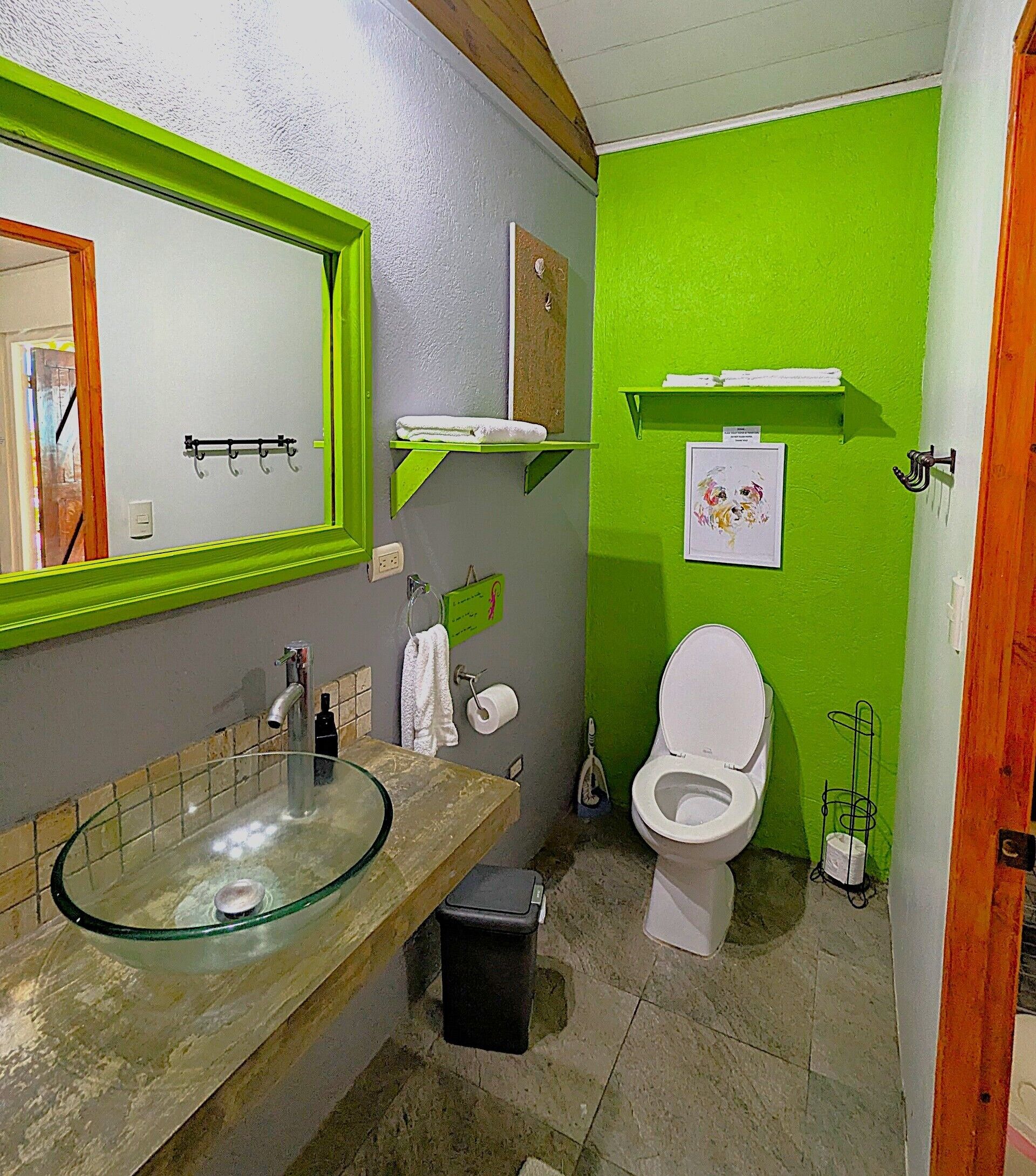 A bathroom with a glass sink, a white toilet, and green walls.