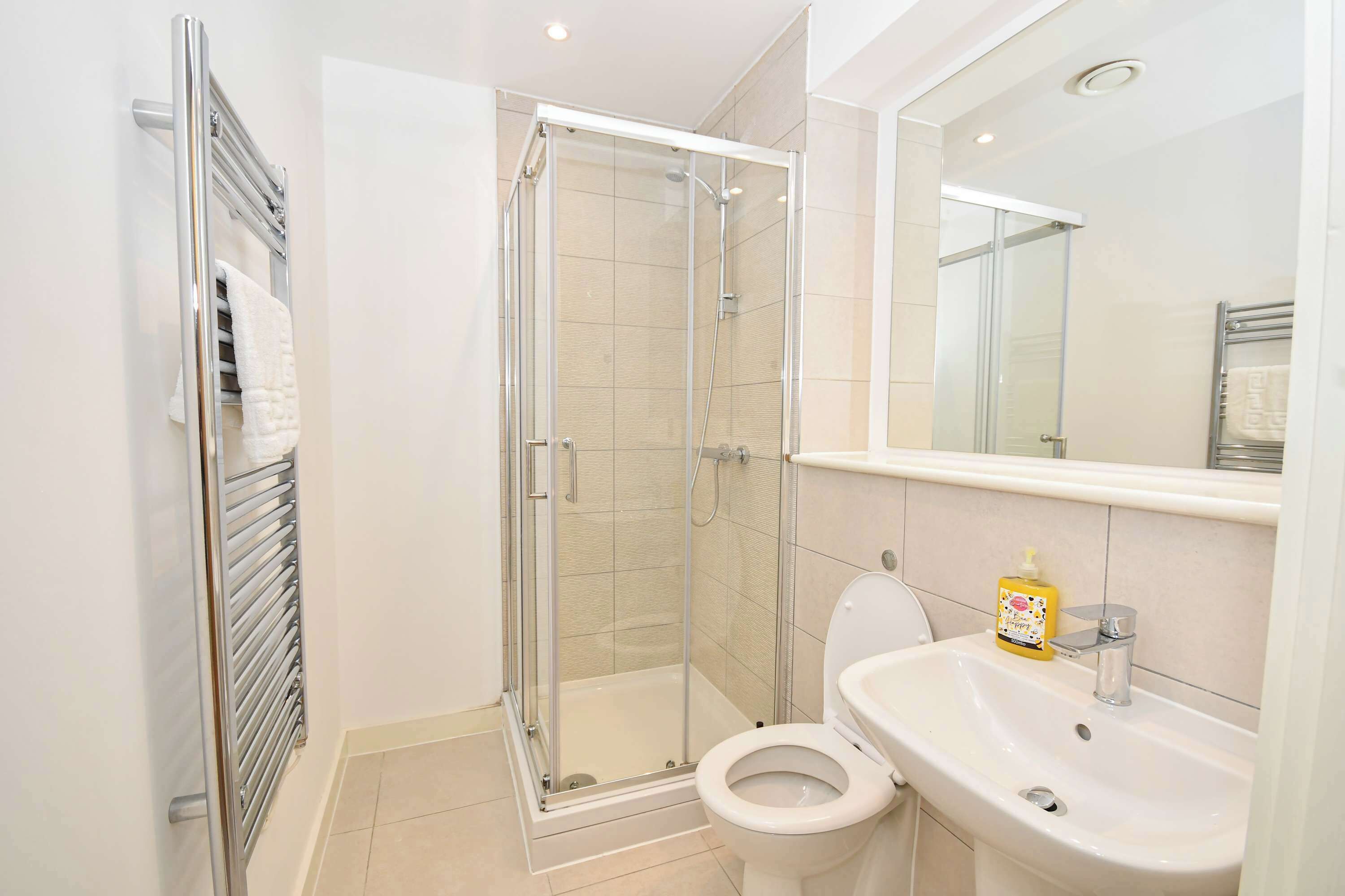 Shower, hair dryer, towels, shampoo
