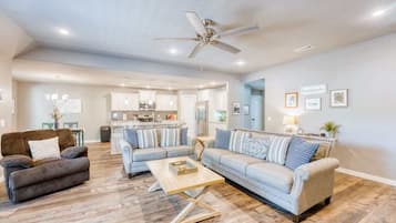 Televisio, takka, videopelejä, työhuone