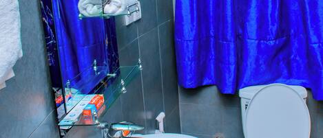 A bathroom with a white sink, a toilet, and a blue shower curtain.