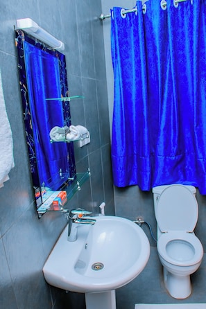 Combined shower/bathtub, free toiletries, slippers, towels