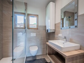 A modern bathroom with a glass shower enclosure, a toilet, a sink, and a mirror.