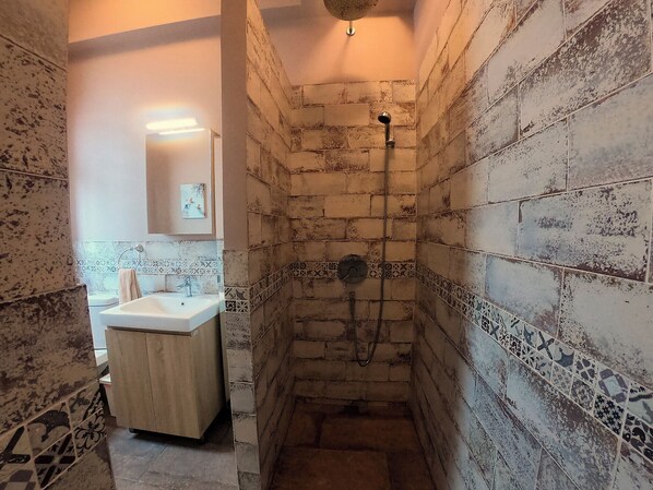 Shower, hair dryer, towels, soap