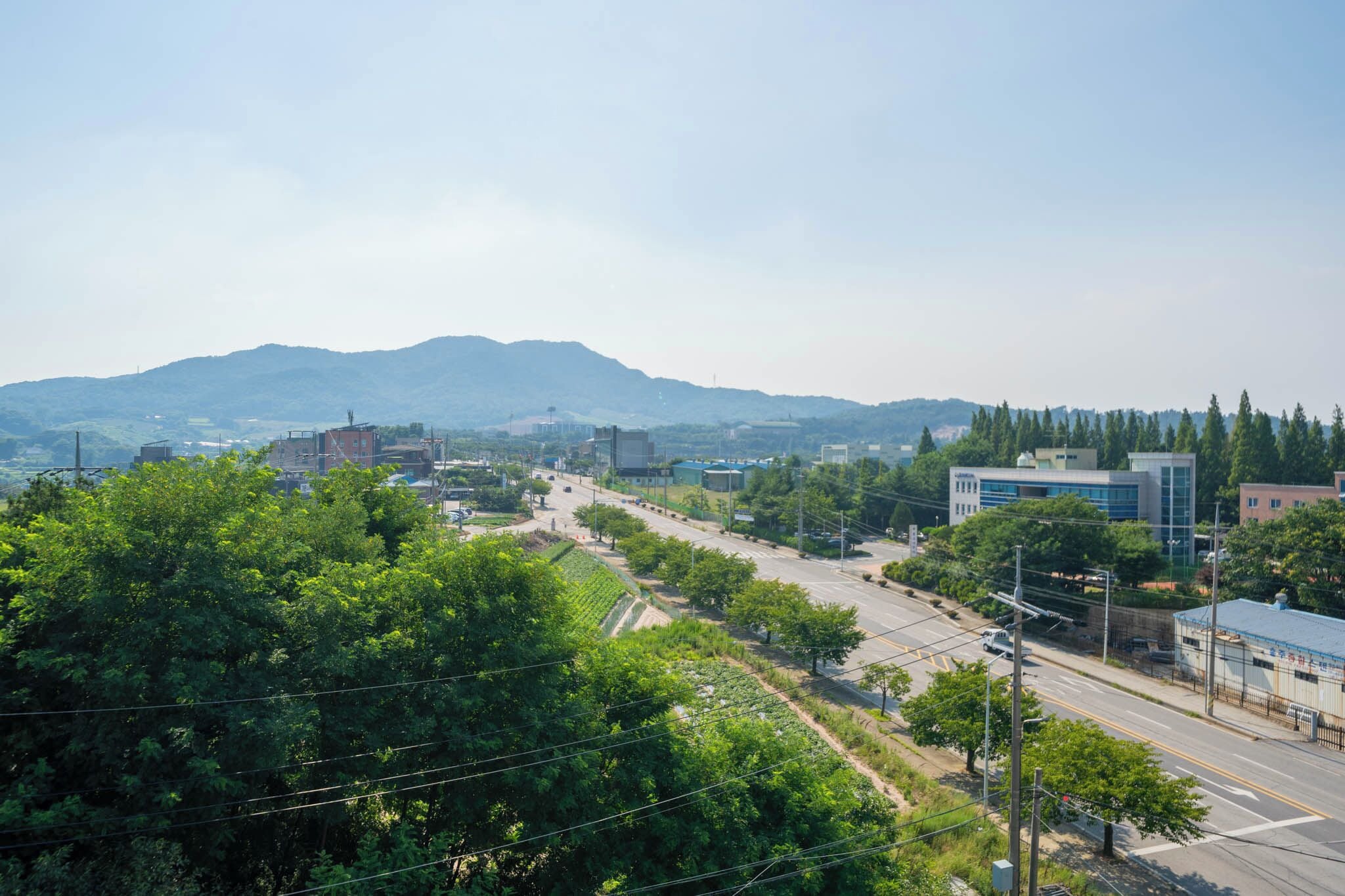 Une vue urbaine avec une route, des bâtiments et une montagne en arrière-plan.