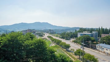 A cityscape with a road, buildings, and a mountain in the background.