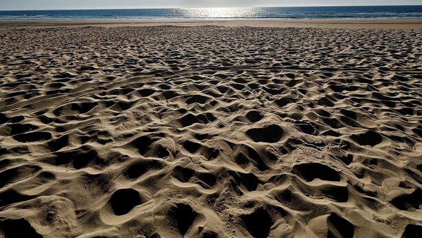 Une plage avec un ciel dégagé et un soleil éclatant.