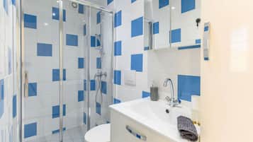 Shower, hair dryer, bidet, towels