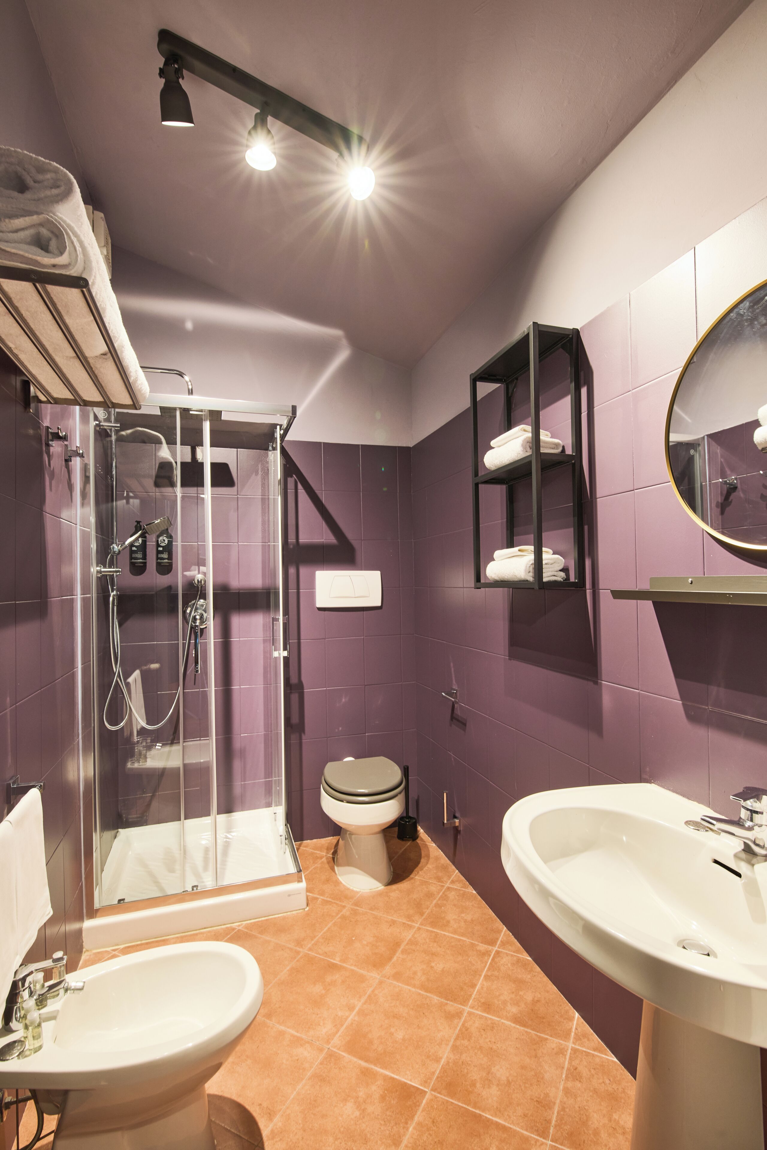 A modern bathroom with a glass-enclosed shower, a white sink, and a toilet.