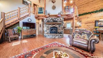 Smart TV, chimenea, reproductor de DVD y libros