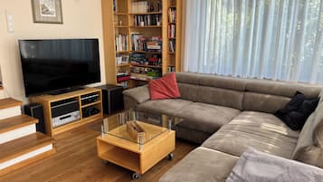 Een smart-tv, een open haard, een dvd-speler en boeken