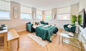 1 bedroom, desk, iron/ironing board, travel cot