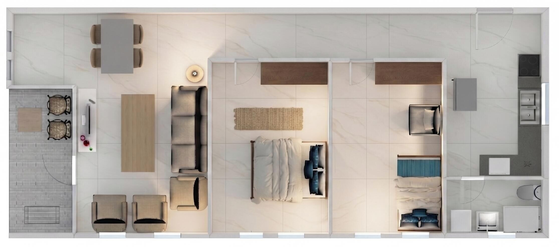 Layout moderno de quarto de hotel com sala de estar, quarto separado e cozinha compacta.