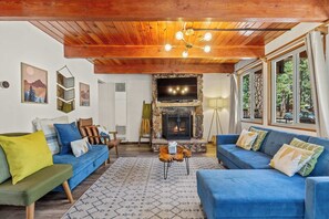 TV, fireplace, books, offices