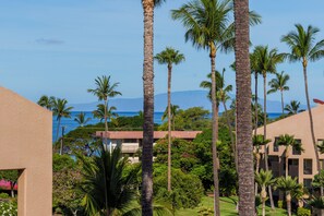 Un resort con palmeras, vista al océano y un edificio de techo rojo.