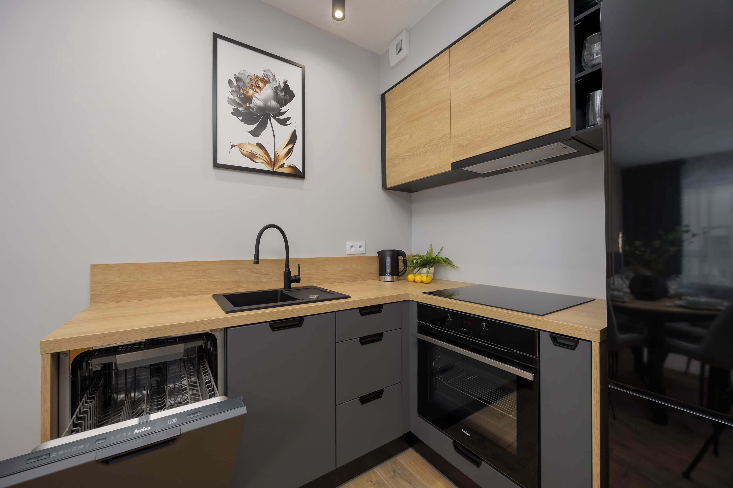 Fridge, oven, dishwasher, coffee/tea maker